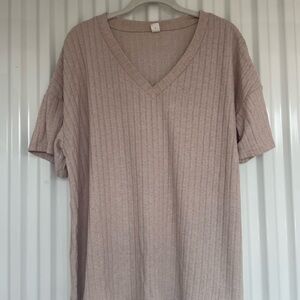 Beige Ribbed V-Neck T-Shirt